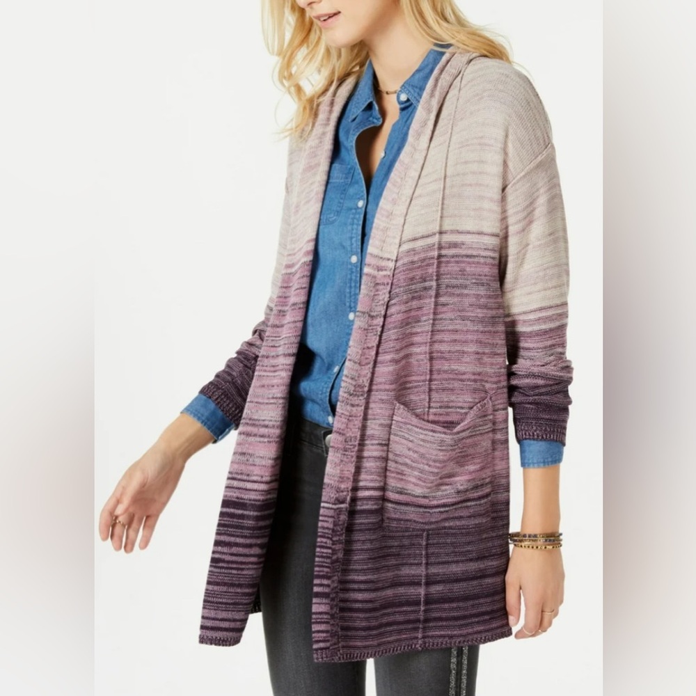 Style & Co. Dark Grape Combo Marled-Knit Hooded Open Front Cardigan